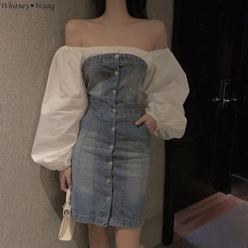 Уличная мода WHITNEY WANG, Сексуальное Лоскутное джинсовое платье для стройных женщин, осенние джинсы, мини-платье