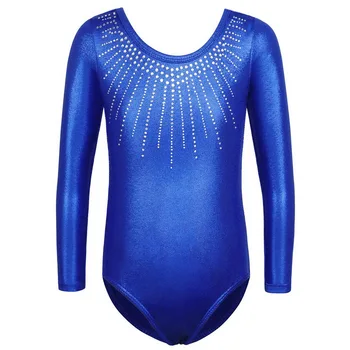 

BAOHULU Rhinestone Dance Leotard Long Sleeve Gymnastics Leotard Printing Sparkle Dancing Royal Blue Athletic Leotard For Girls