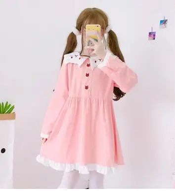 long sleeve Pink Милые женские милые мешковатые летние платья милый кот платье, свободные матросские Colar платье консервативный Стиль Одежда - Цвет: long sleeve Pink
