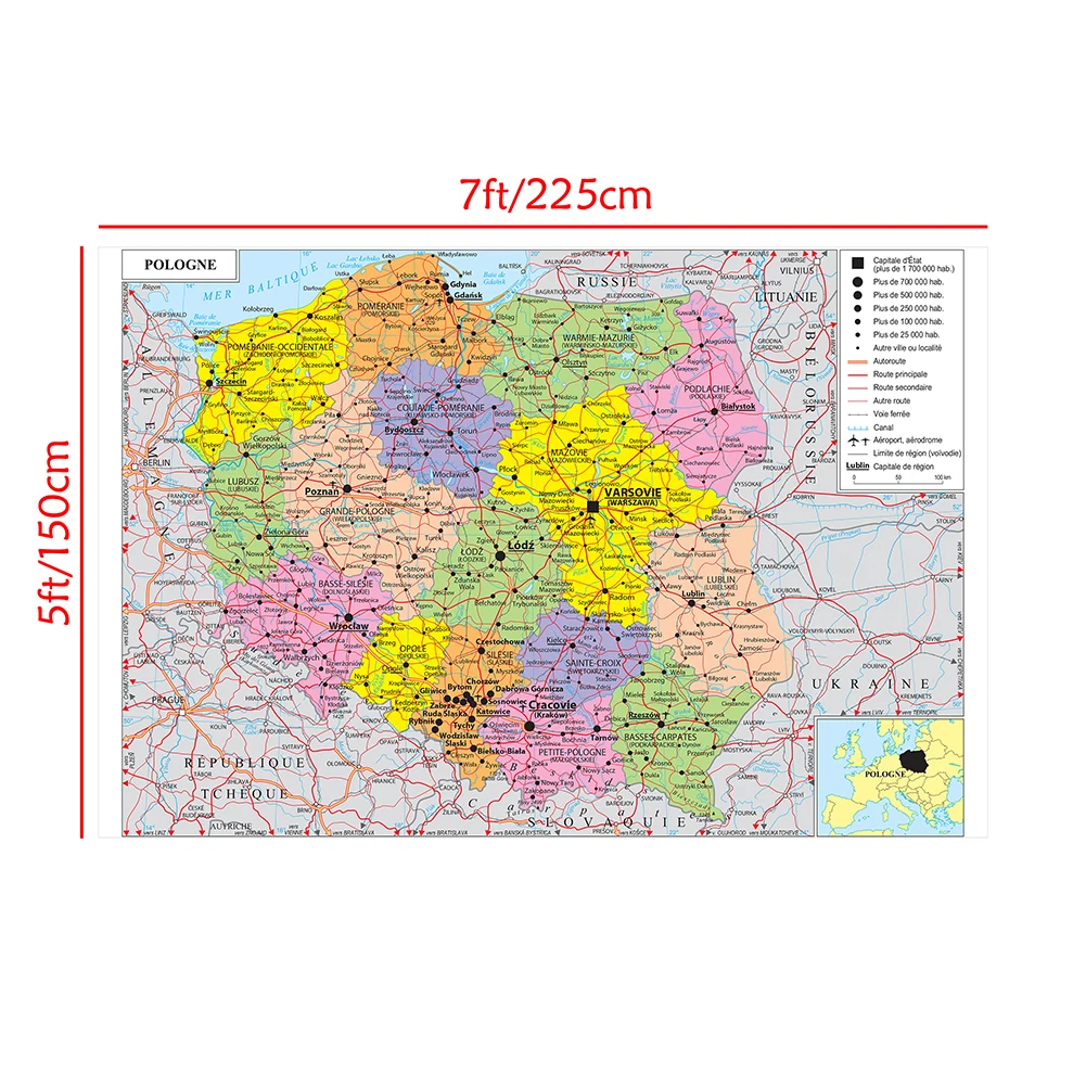 The Poland Political Map 225*150cm In French Large Poster Non-woven Canvas Painting Living Room Home Decoration School Supplies