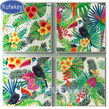 

Diamond mosaic 4 Piece Tropical Rainforest Plants Flower Bird 5d diy diamond painting Embroidery Full Square drill 3d cross stit