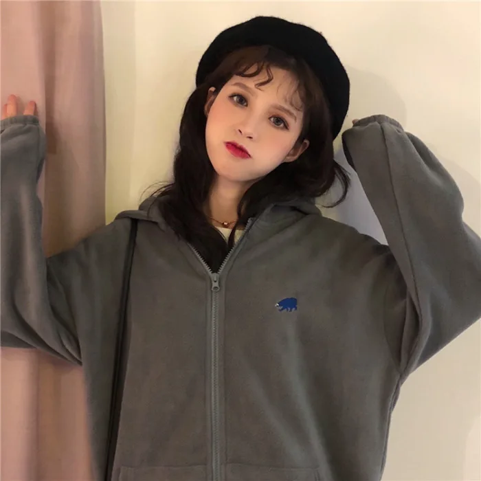 Gray Новое поступление, Harajuku, вышитый медведь, одноцветная Флисовая теплая куртка на молнии, толстовки, корейский стиль, женская Толстовка С Карманами - Цвет: Gray