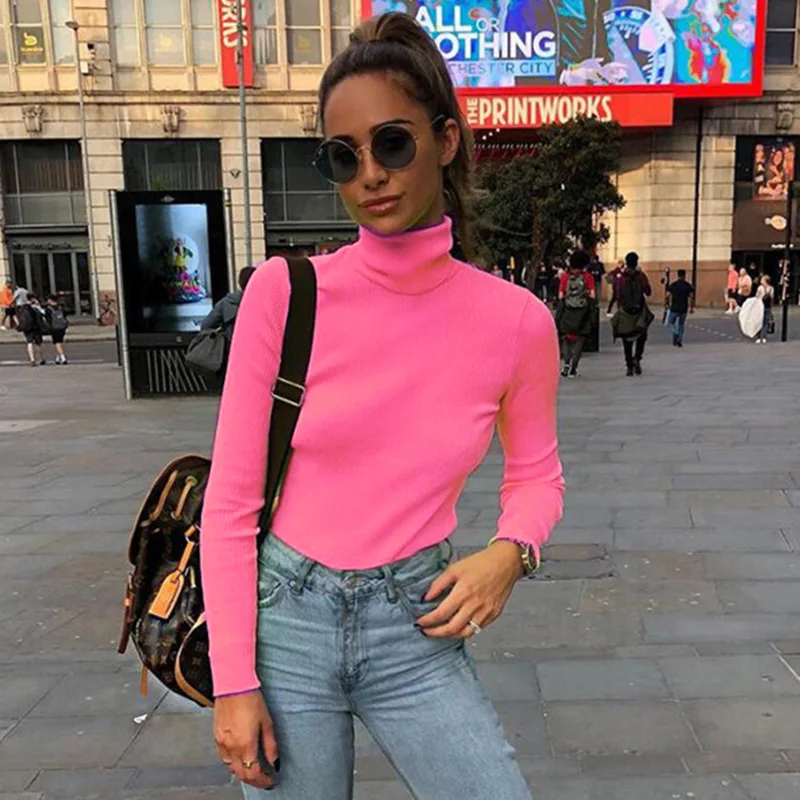 long sleeve new fashion neon pink solid turtleneck casual t-shirts pullover  women tops streetwear - AliExpress