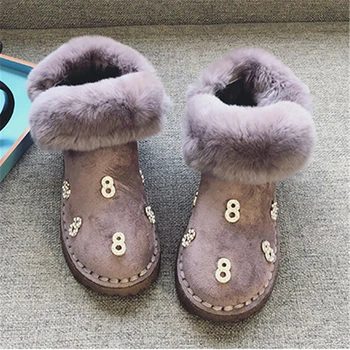 

Winter Boots Rabbit Fur Women Snow Boots Flock Crystal Ankle Boots Platform Flat Black Pink Women Shoes Fashion Ladies Shoes