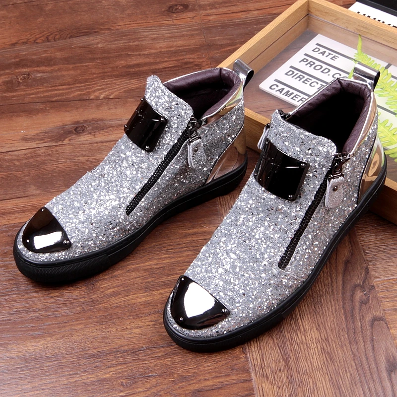 New Men's Casual Fashion Dress Shoes Sequins Zipper Outdoor High-Top Boots Business Leather Man Loafers Driving Party Flats