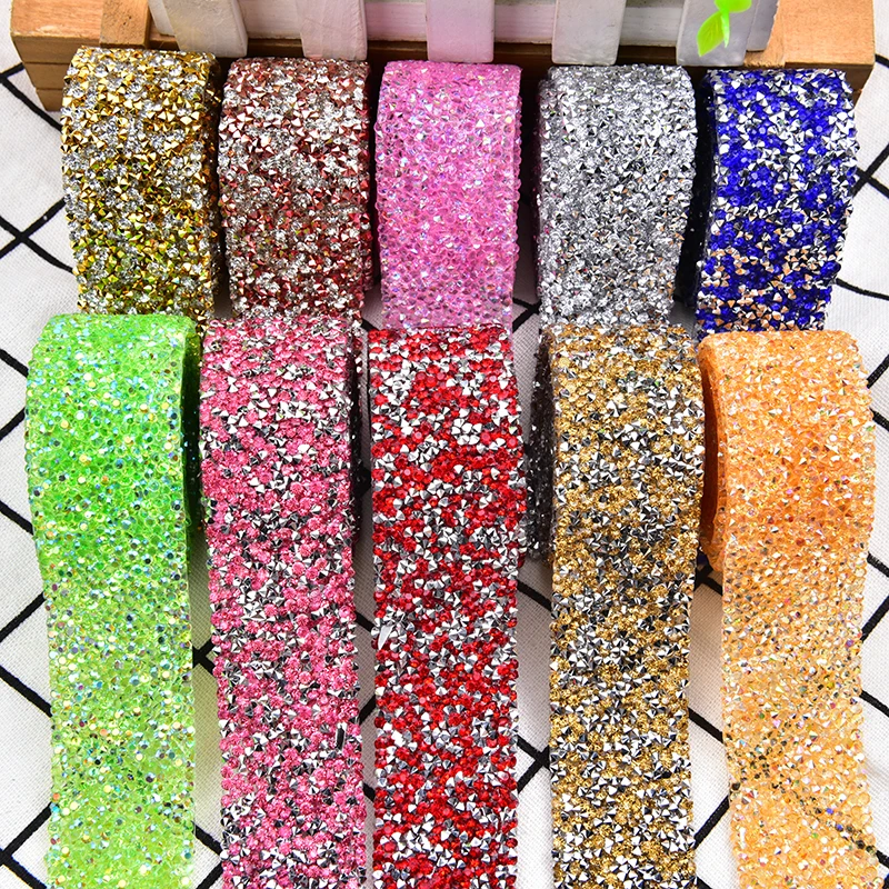 3Yards Multi-color Rhinestones Trim Set Glitter Crystal Ribbon Strass Tape  Apppliques Hotfix Motif Rhinestones Cloth