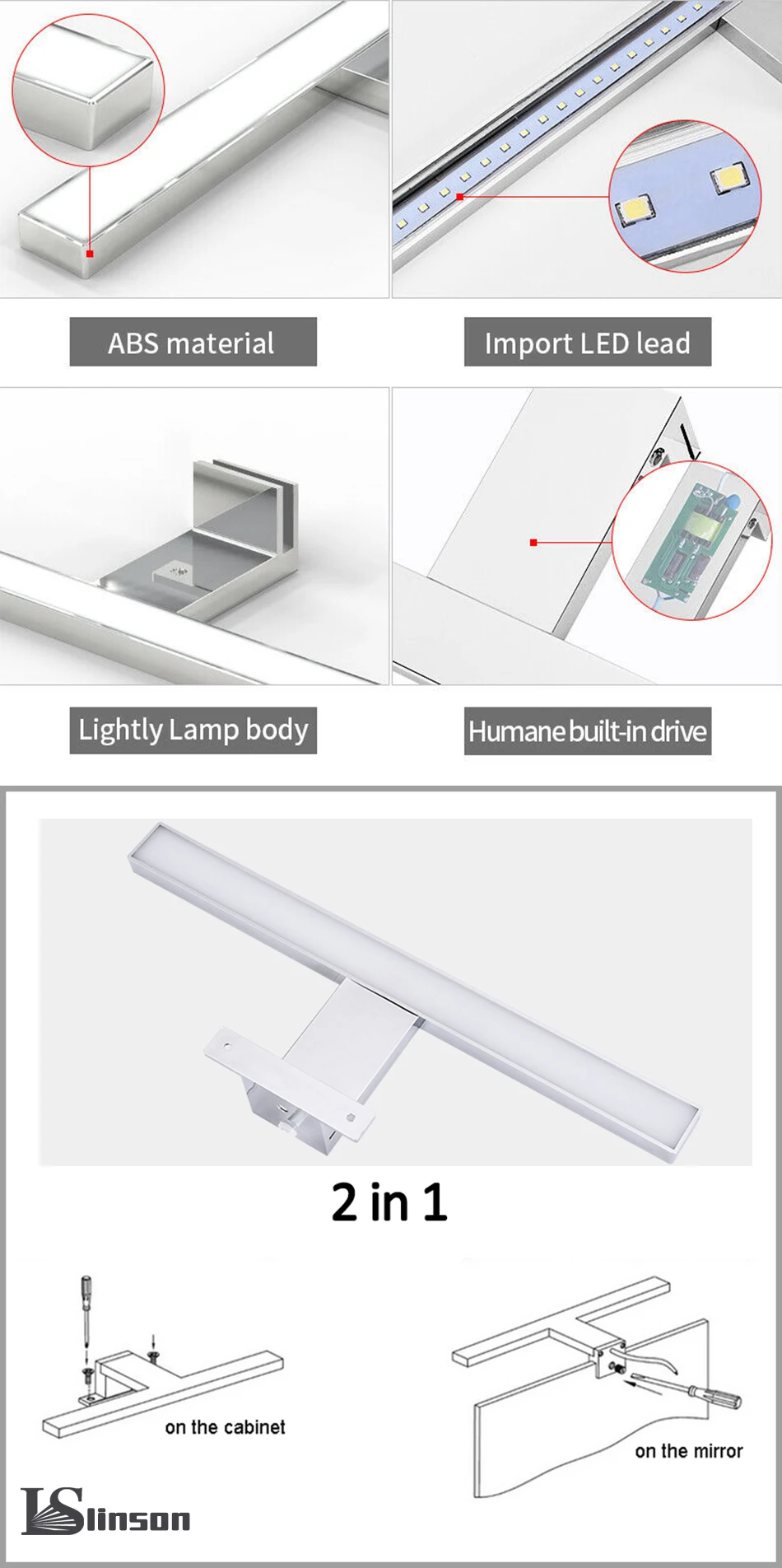 2в1 Linson 60 см 8 Вт 650lm IP44 CE ROHS хромированное светодиодное освещение зеркала в ванной настенный светодиодный светильник светодиодный шкаф светильник