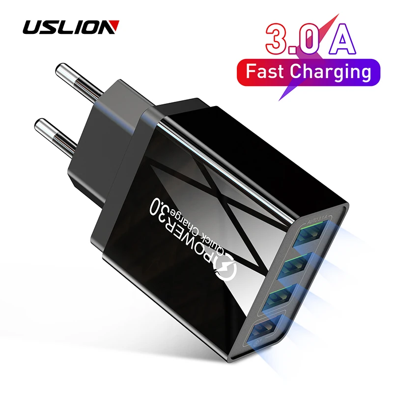 USLION 48 Вт Быстрая зарядка QC3.0 4 порта USB EU US зарядное устройство для iPhone 11 Pro Max X 7 Samsung