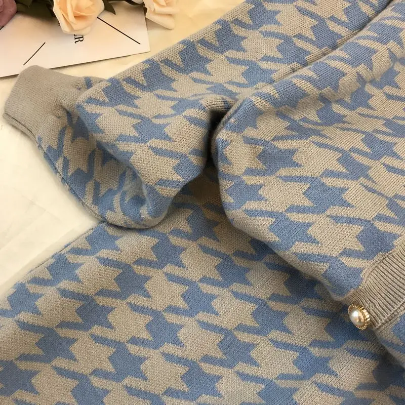 ALPHALMODA/женские кардиганы и юбки, модный вязаный комплект из 2 предметов с рисунком «гусиная лапка», свитер с длинными рукавами, мини-юбка, комплект из 2 предметов