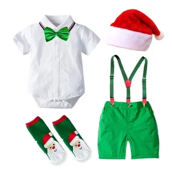 4PCS Newborn Baby Boy Christmas Clothes Set first Christmas Print Romper Pants Hats Outfits