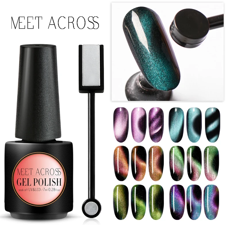 

MEET ACROSS Magnetic Gel Nail Polish Set Chameleon Effect Cat Eye Gel Soak Off UV Gel Varnish Magnetic Nail Stick Needed