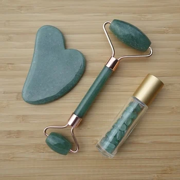 

10ml massage oil natural gemstone roller bottle Green Pink Rose Quartz Jade Face Roller + Heart Gua Sha Board Massager Tools Set