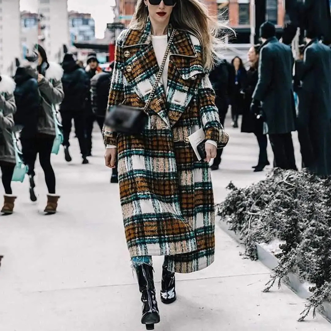 

Winter Check Velvet Coat Notched Warm Checkered Women's Coats Fleece Office Lady Vintage Long Overcoat
