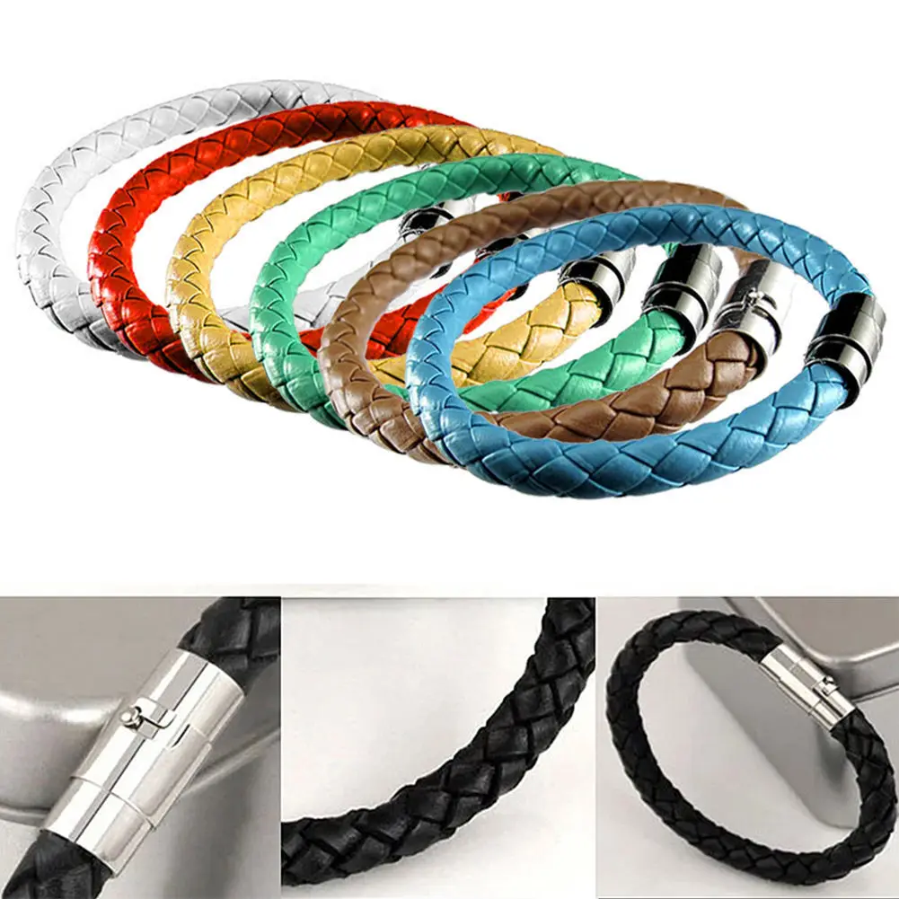 Bracelet Jewelry Men Women Leather Stainless Steel Button Bangle Wristbands
