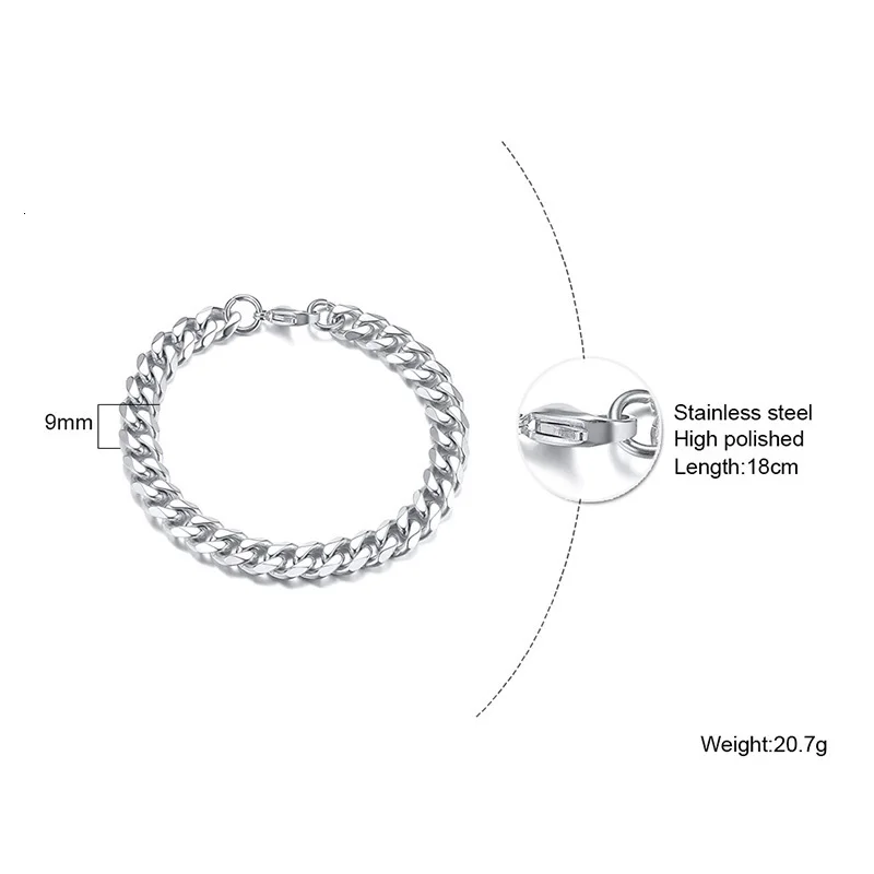 Панковский Серебряный браслет-цепочка модные мужские браслеты из нержавеющей стали 3 мм 5 мм 7 мм 9 мм 11 мм