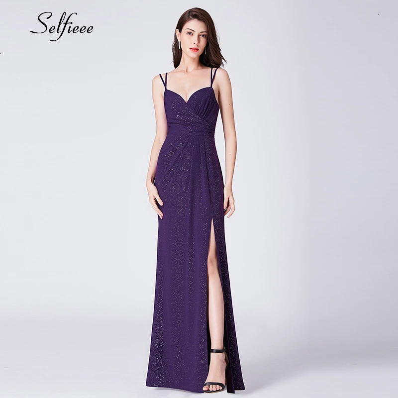 

Sparkle Dark Purple Maxi Dress A-Line Spaghetti Straps High Split Ruched Women Dress Sexy Ladies Long Party Dress Ropa Mujer