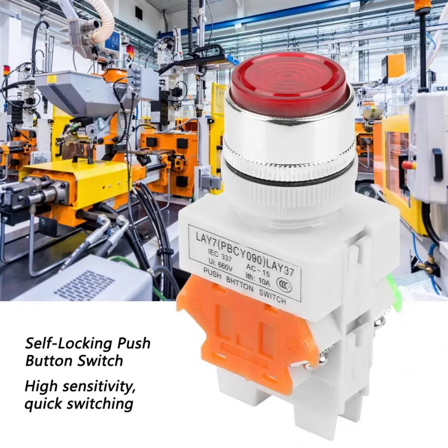 

LAY37-11DNZS Red Self-Locking Push Button Switch 24V 22mm Mount with LED Light