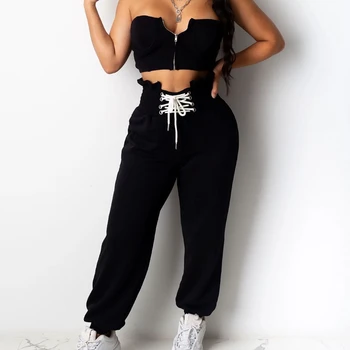 

Women Harajuku Zipper Tube Top Set Women Plus Size Lace Up Tracksuit 2 Piece High Waist Joggers Workout Streetwear Femme