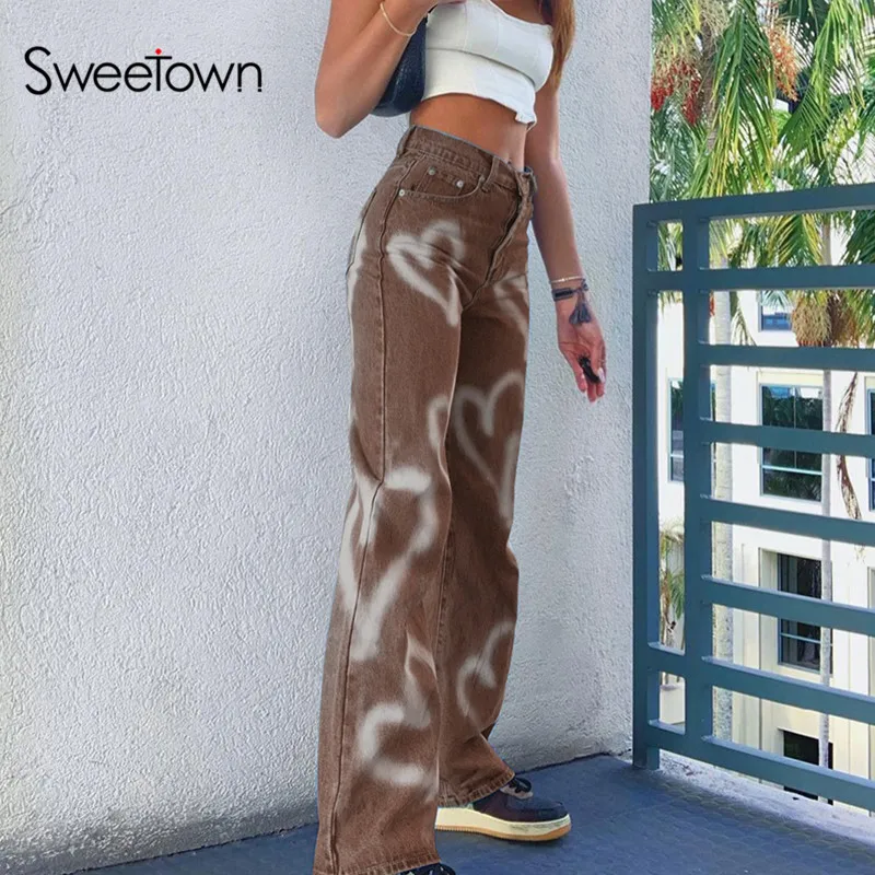 Sweetown коричневый мешковатые E девушка джинсы Для женщин принт с сердцем Y2K