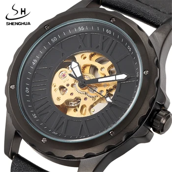 

New SHENHUA Black Men's Skeleton WristWatch Stainless steel Antique Steampunk Casual Automatic Skeleton Mechanical Watches