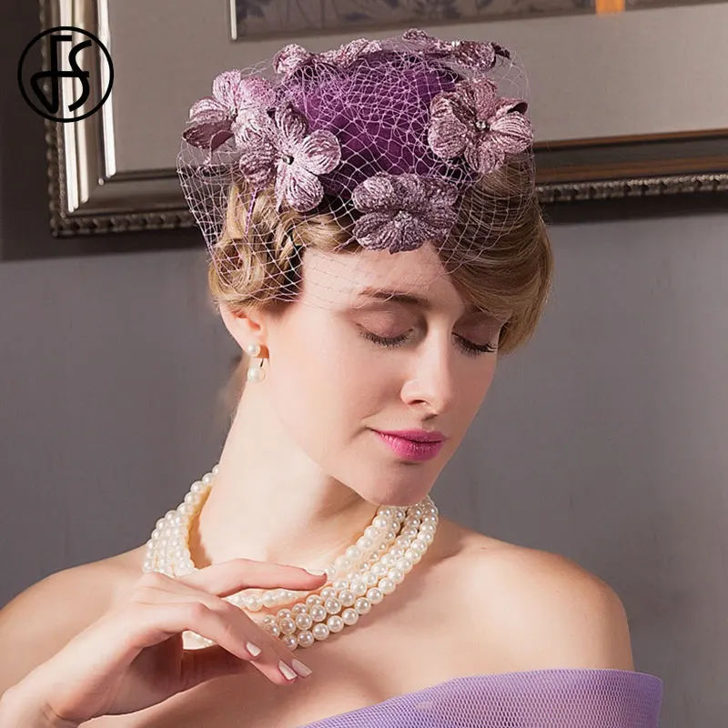 

FS Purple Fascinator Hats For Wedding Pillbox Hats With Veil Women Fedora Flower Sinamay Church Hats Party Ladies Derby Cap
