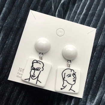 

AMORCOME Fashion Abstract Men Women White Square Acrylic Drop Earrings For Girl Women's Korean Figure Face Geometric Earring