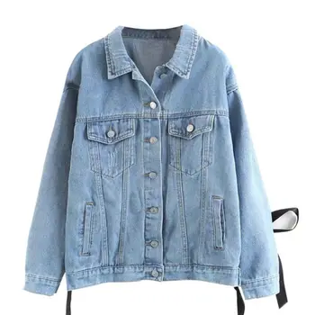 

Women Lace Up Lattice Eyelets Back Denim Jacket Ladies Elegant Autumn Casual Oversized Coat capa mujer