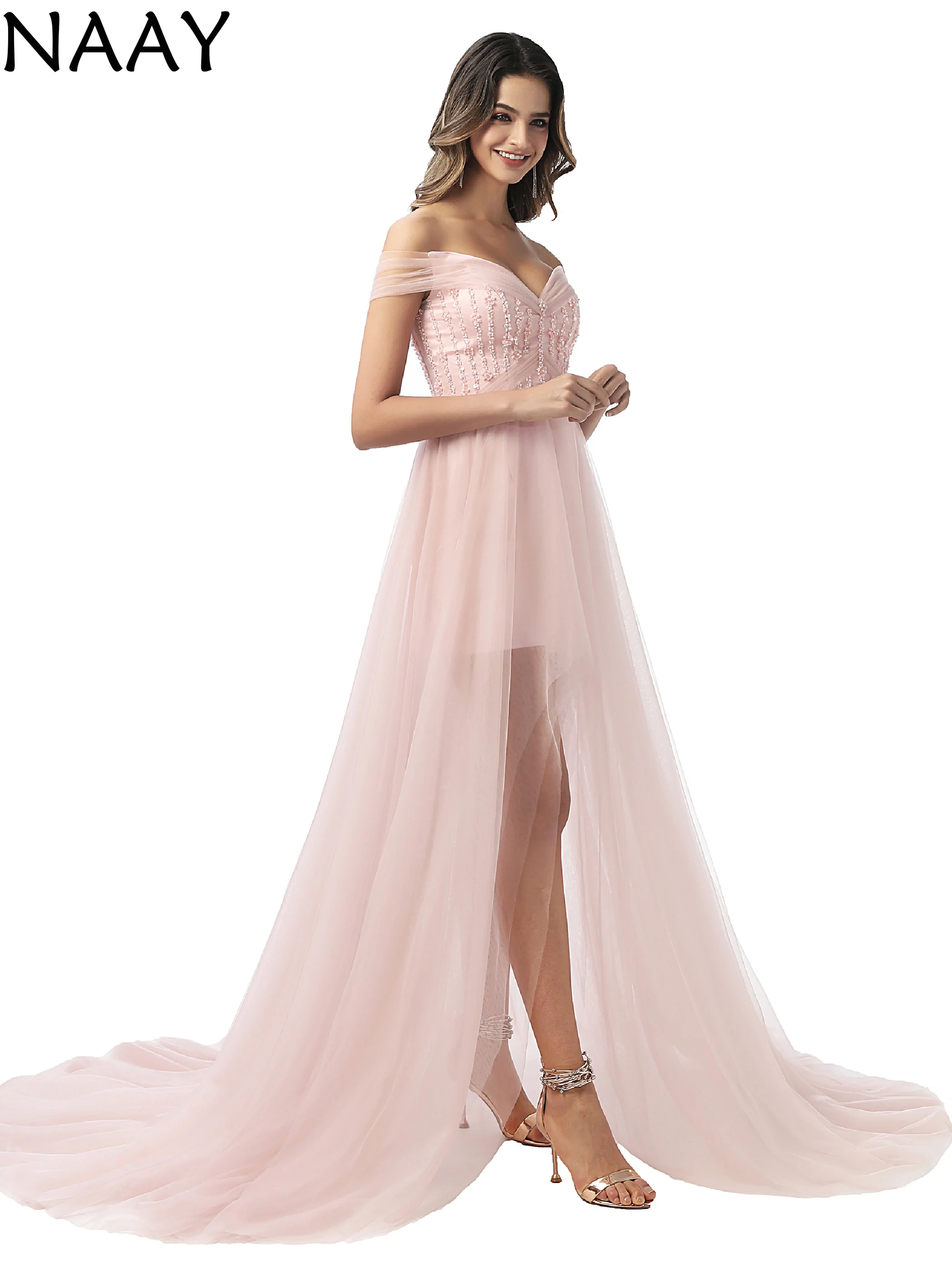 

NAAY Elegant Pink Prom Dress A Line Off The Shoulder Floor Length Evening Party Formal Gowns Plus Size Tulle Dress