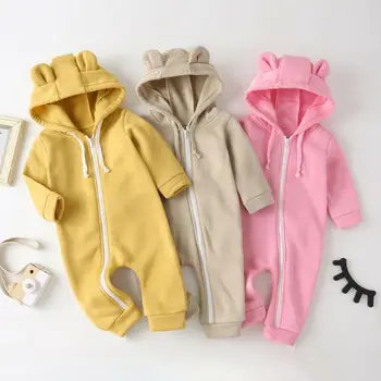

Newborn Baby Infant Boys Girls Rompers 0-24M Warm Cute Long Sleeve Solid Zipper Hooded Jumpsuit Outfit