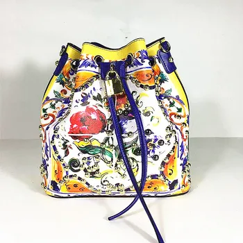 

Women Famous Designer Flowers Printed Bags Luxury Brand Sicily Ethnic Style Bucket Bag Genuine Cow Leather Shoulder Bags Sac