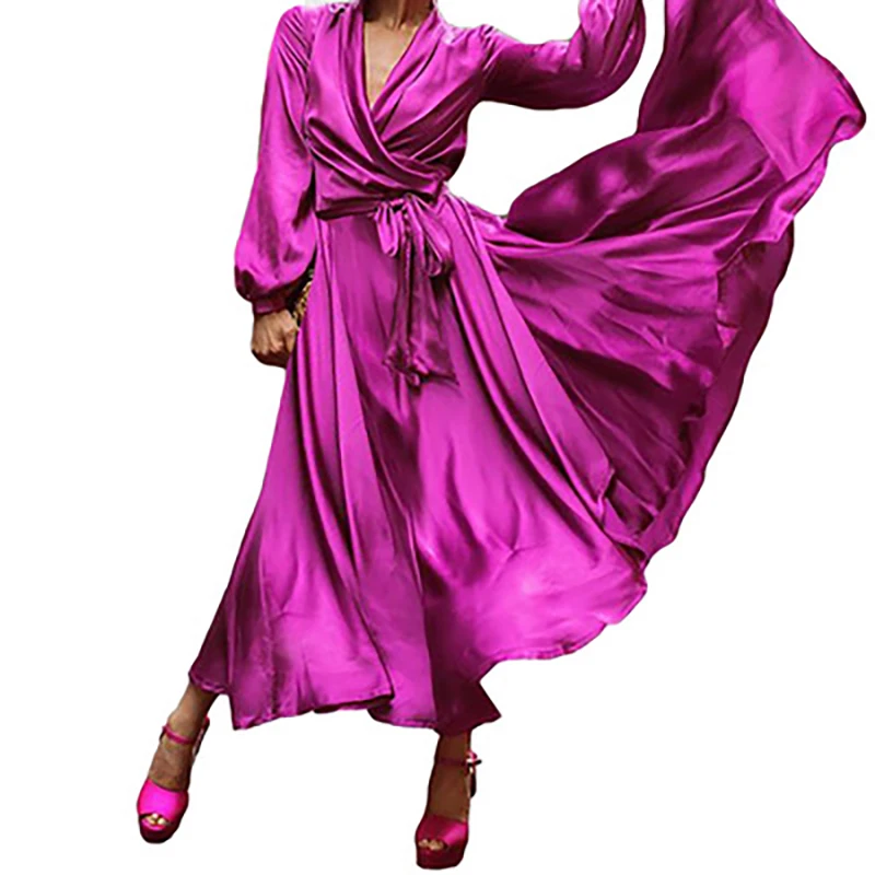 

Dresses Woman Party Night Autumn Satin Dress Elegant Long Sleeve V-Neck Slim Boho Style Sexy Dress Plus Size 3XL Women Clothing