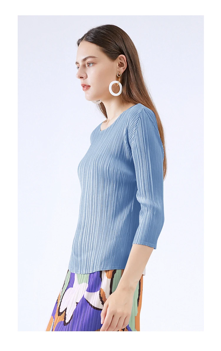 Miyake Pleated Boatneck T-Shirt  Women’s Long-sleeves Loose Large Plus Size Aesthetic blouses pleats Tops T-Shirts for woman  Womens Fall Autumn Korean Japanese Issey designer Fashion clothes in lightsky blue