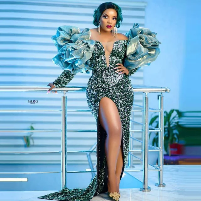 Uche African Sequins Long Puffy Sleeve Gown