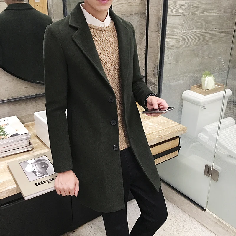 Осень и зима новые модные бутиковые однотонные повседневные деловые мужские длинные шерстяные пальто/мужские серые длинные шерстяные куртки - Цвет: ArmyGreen