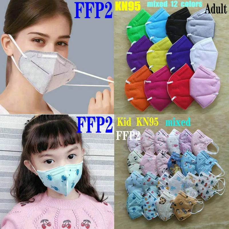 Mascarilla FFP2 KN95 con filtro de 5 capas, máscara respirador con dibujos animados para chico de 3 a 8 a 15 años, 12 colores