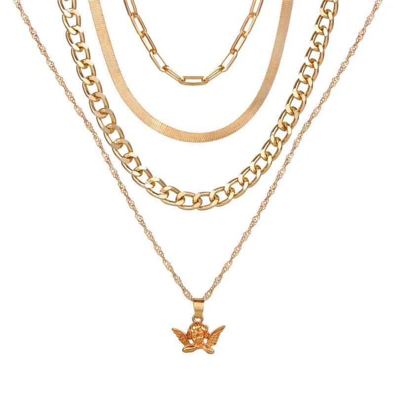 

Multi-layer Snake Chain Necklace Angel Pendant Rope Chain for Girlfriend Gift Chunky Link + Figaro Choker+herringbone Set 4-in-1