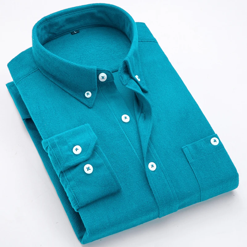 Peacock blue Новая мода Чистый хлопок вельвет осенние мужские с длинным рукавом повседневные приталенные большие повседневные рубашки размера плюс M-5XL - Цвет: Peacock blue