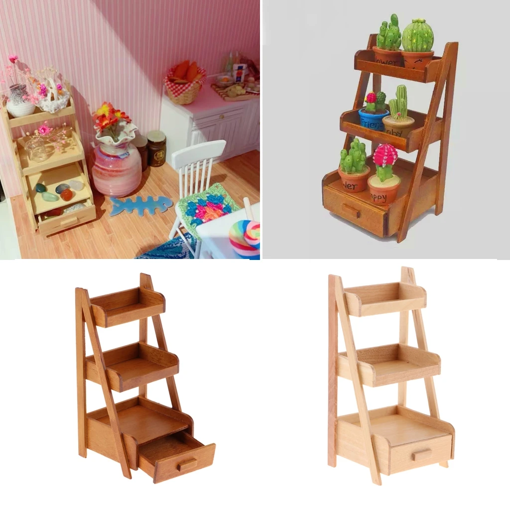 1/12 Dollhouse Miniature Wood 3 Layer Flower Rack Shelf, Dolls House Garden Furnishings and Accessories