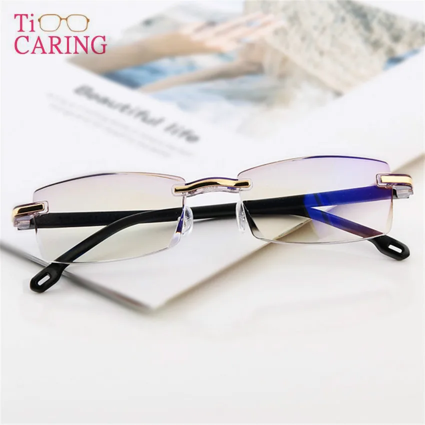 Ti-CARING очки для чтения без оправы для женщин и мужчин прозрачные голубые легкие блокирующие бескаркасные компьютерные очки для чтения Пресбиопии 1,0 1,5