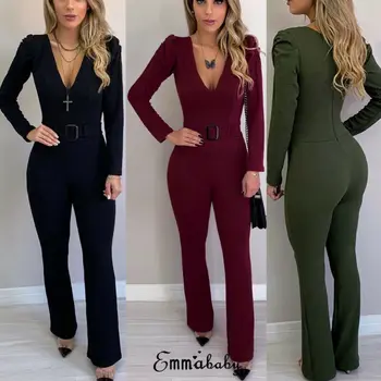 

New Arrival Women Autumn Ol Jumpsuit Clothes Long Sleeve V Neck Feamle Bodycon Jumpsuit Loose Wide Leg Pants Suit Playsuit