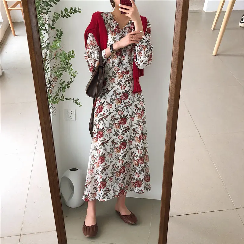 

Alien Kitty All-Match Stylish V-Neck Chic Spring 2020 All Match Loose Print Women Florals Waist Controlled Gentle Long Dresses
