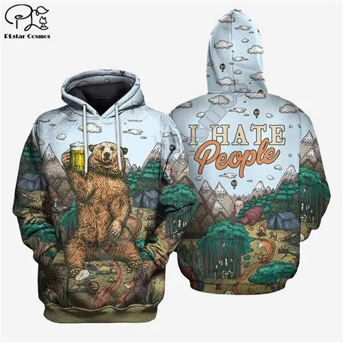 Hoodies Мужская толстовка в стиле Харадзюку С 3d принтом "охотничий Медведь", "Я люблю людей", унисекс, футболка с принтом на тему пива, на молнии, wo Мужской пуловер, уличная куртка, спортивный костюм - Цвет: Hoodies
