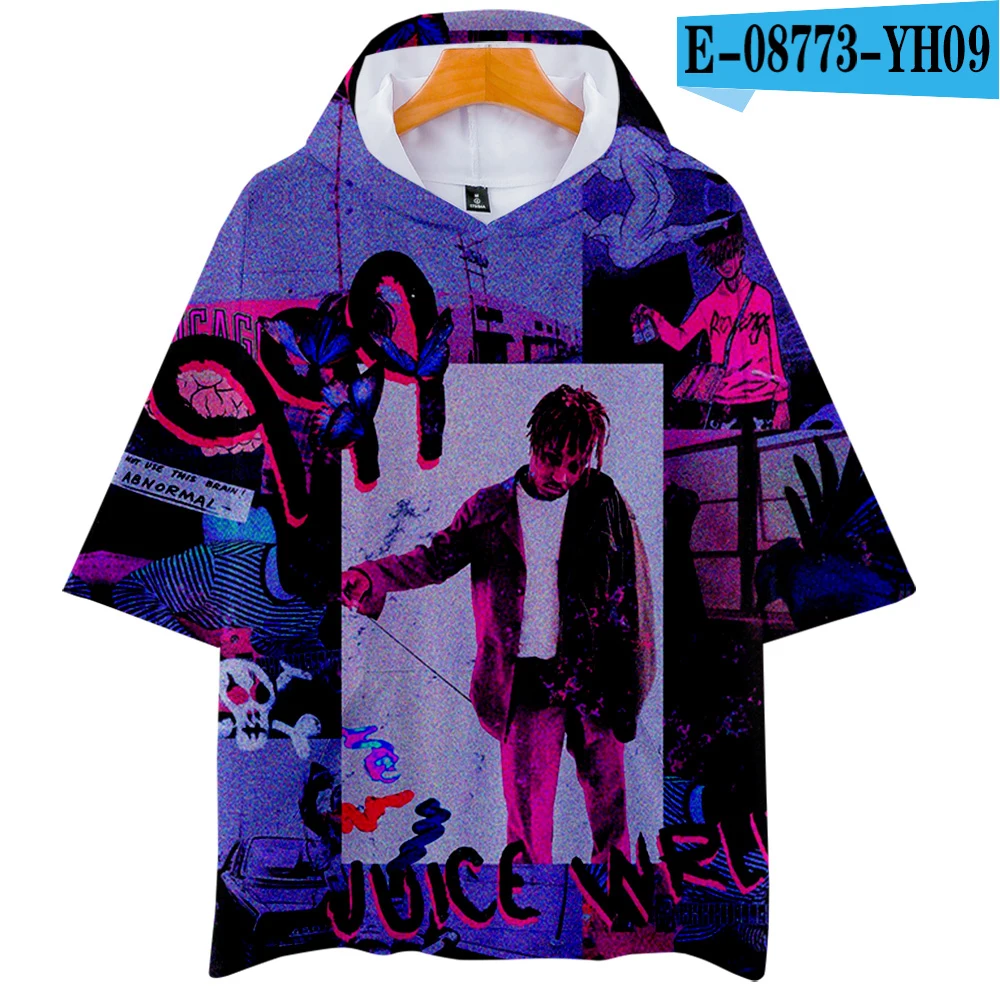 Крутая футболка с капюшоном, Новое поступление, Juice Wrld, женская, мужская, удобная, летняя футболка, топы, короткий рукав, 3D принт, футболки - Цвет: E08773