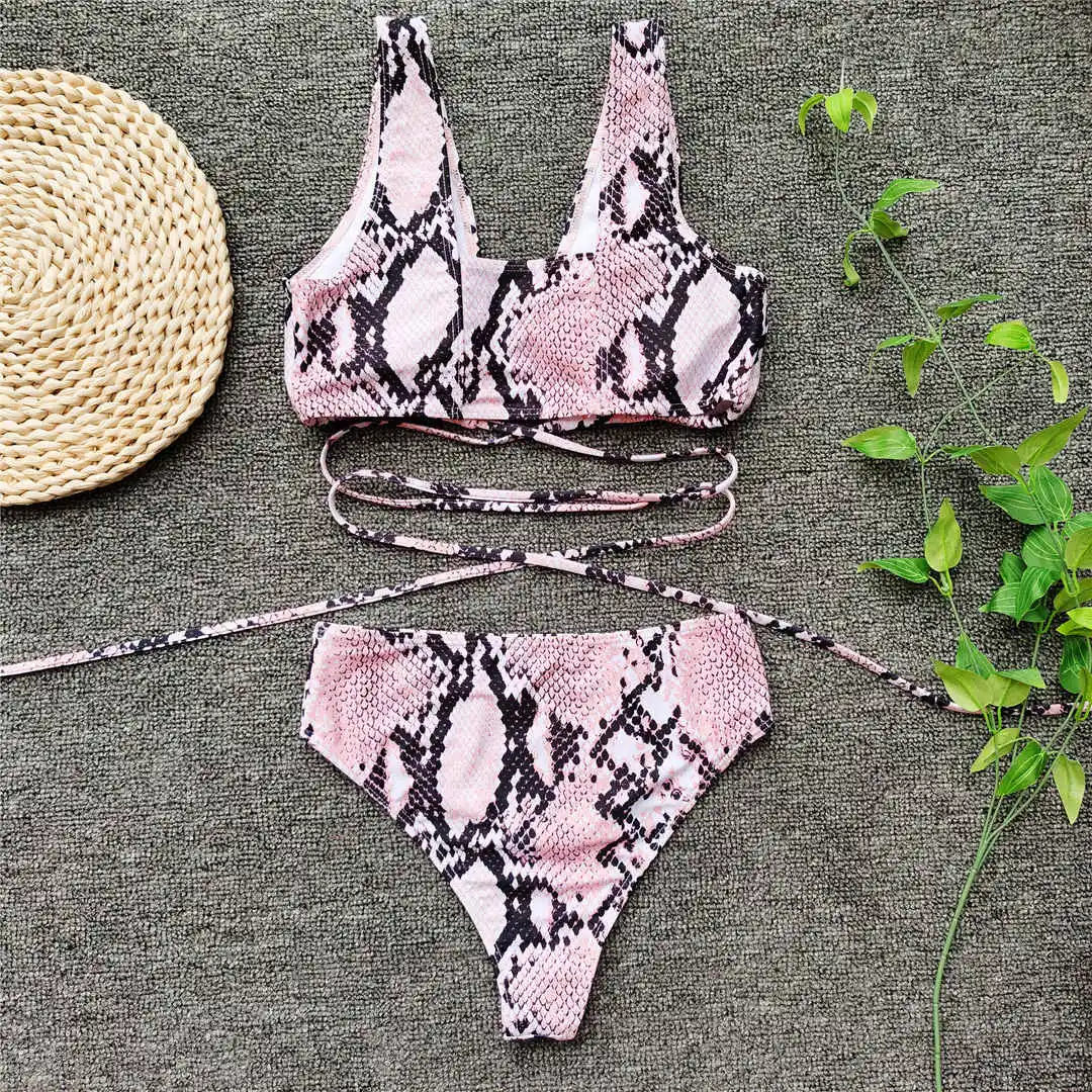 Pink Snake Skin High Waist Bikini Female Swimsuit Women Swimwear Two-piece Bikini set Wrap Around Bather Bathing Suit Swim V2417