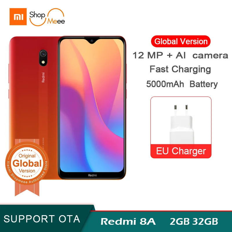Xiaomi Redmi 8A с глобальной версией, 2 Гб, 32 ГБ, 5000 мА/ч, 6,22 дюйма, HD мобильный телефон, камера 12 Мп, восьмиядерный смартфон Snapdargon 439