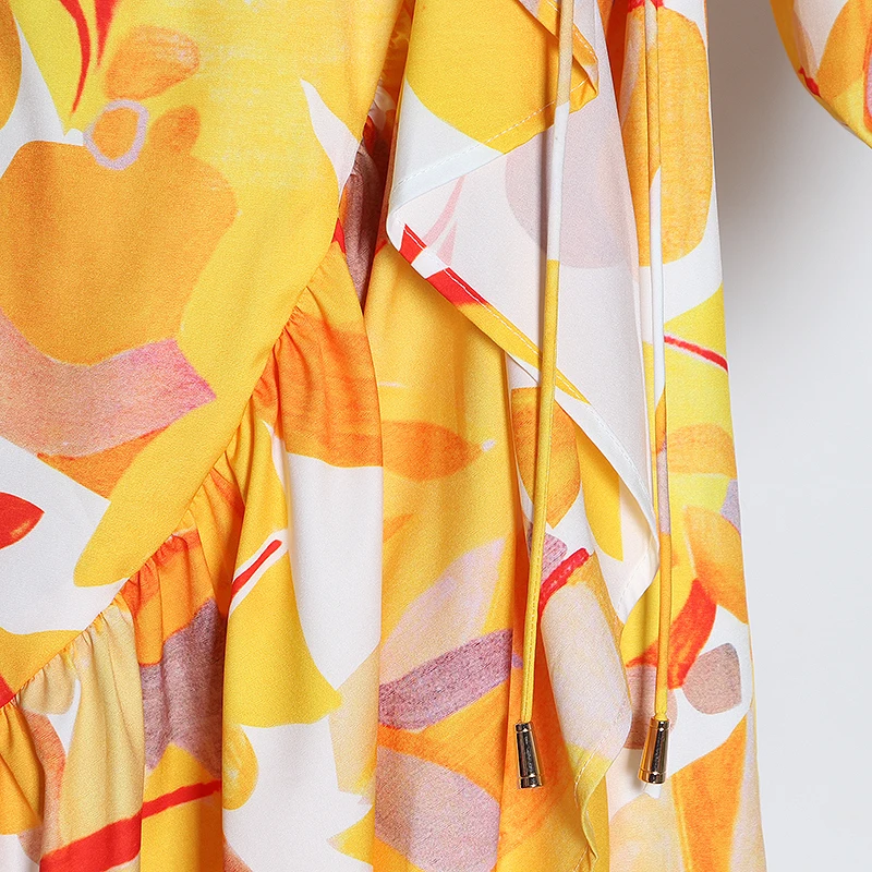 TWOTWINSTYLE Casual Print Dress Women V Neck Lantern Long Sleeve High Waist Ruffles Asymmetrical Dresse For Female Fashion Tide