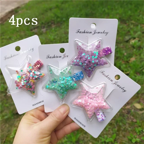 19-4pcs 4 шт., блестки для маленьких девочек, Микки, радужные, зыбучие пески, блестки для волос, клипса, ПВХ, сердце, звезда, прозрачные, BB, капля воды, шпильки, аксессуары - Цвет: 19-4pcs