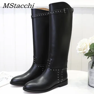 Mcacchi/модные женские сапоги до середины икры с заклепками; женская рыцарская обувь с пряжкой; женская обувь из натуральной кожи с острым носком на низком каблуке; Botas Mujer - Цвет: black