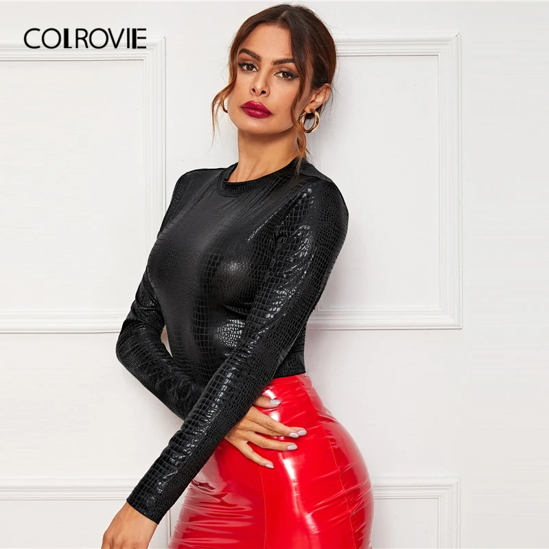 COLROVIE, черный, Змеиный, тисненый, облегающий Топ для женщин, с крокодиловым принтом, сексуальные, одноцветные футболки, осень, гламурный, облегающий пуловер, топы