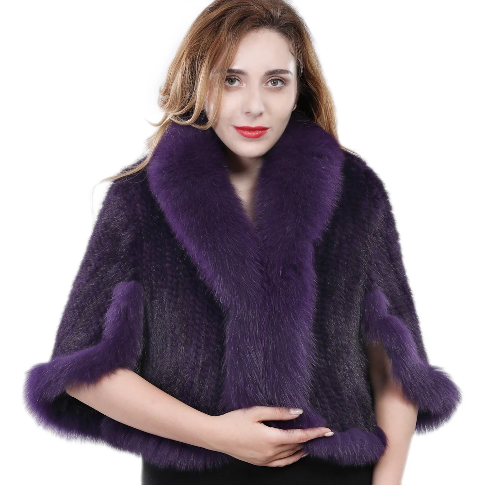 

New Arrival Real Natural Mink Fur Pashmina Women Knitted Mink Fur Scarf Lady Real Mink Fur And Fox Fur Collar Poncho Shawl coat
